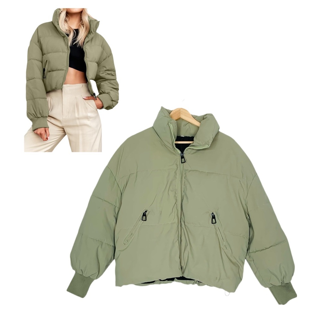 Women's Cropped Puffer Jacket Warm Bubble Coat Oversized Zip Up Quilted XS